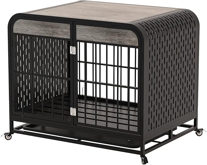 33" Heavy Duty Metal Dog Crate Furniture Wooden Table Pet Dog Cage Kennel House Indoor Side End Table Decor with Removable Trays and Lockable Wheels for Small Dogs 11-25LBS