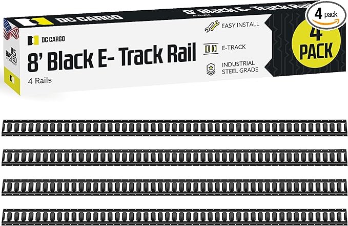 DC Cargo - E Track Tie Down Rail Kit 8' (4 Pack) for Garages, Vans, Trailers, Motorcycle Tie Downs, ATV Mountings - ETrack Bar Rails – Powder-Coat Black - Secure Cargo & Heavy Loads Up to 2,000 lbs