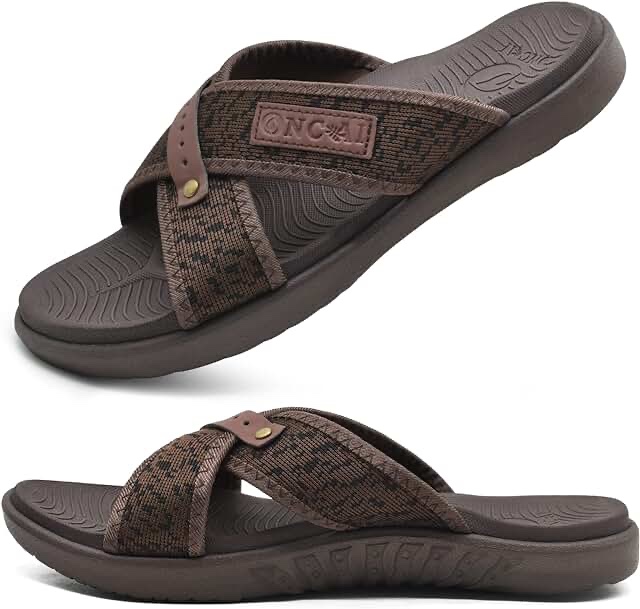 ONCAI Mens Criss Cross Sandals,Arch Support Recovery Sport Slippers Slides with Plantar Fasciitis Orthotic Footbed Brown Size 9.5