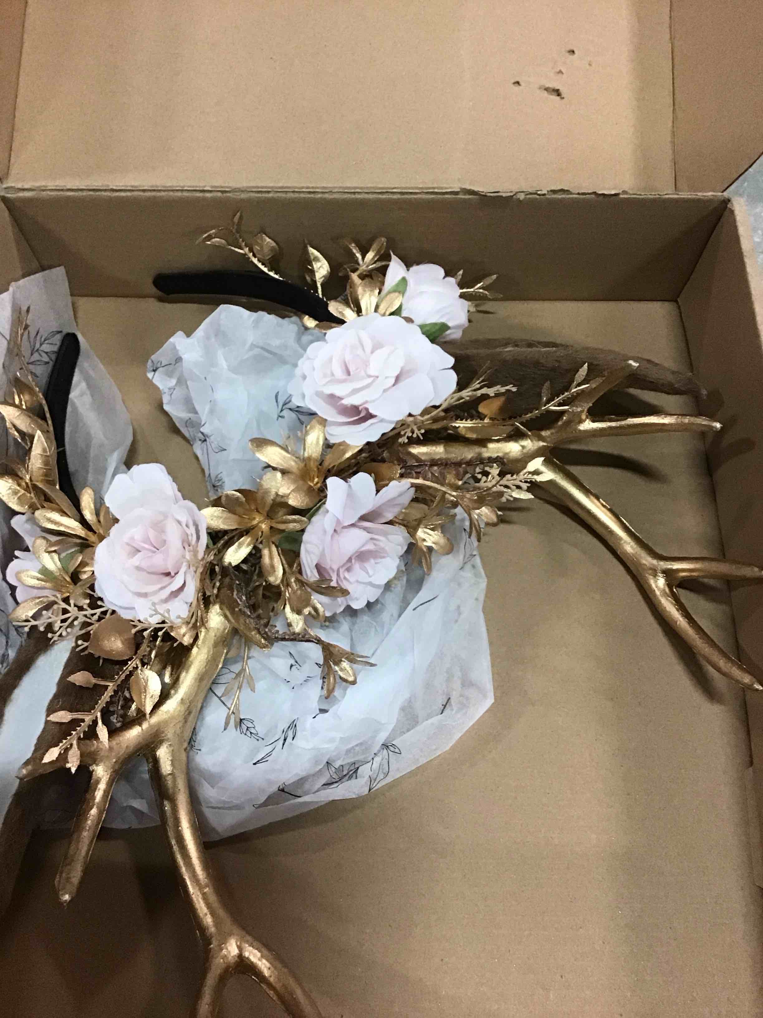 MOSTORY Handmade Gold Flower Antler Headband - Woodland Floral Reindeer Headpiece with Deer Ears Forest Fairy Hairband for Women Girls Renaissance Halloween Cosplay Party Prom Photo Props Pink Rose