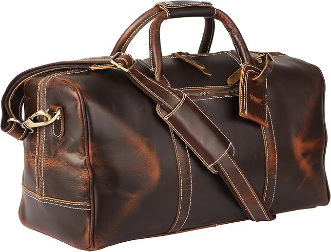 KomalC Bolsas de lona de cuero para hombres y mujeres, cuero de grano completo, viajes durante la noche, fin de semana, bolsas de cuero, deportes, gimnasio, bolsa de lona para hombres, Marrón (Dark