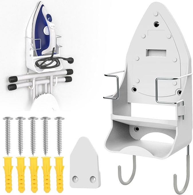 Ironing Board Hanger Wall, Door Hanger for Ironing Board, Holder Wall Mount for Laundry Rooms Storage Organizer, Polished Chrome Finish, Space Saver, 36 X 15.5 X 13cm, White