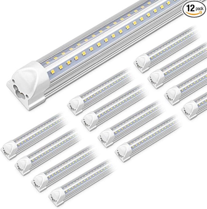 Kihung (12-Pack) 8FT LED Shop Light Fixture, 75W, 9750LM, 6000K, 96'' T8 Tube Light, 8 Foot Linkable LED Bulbs for Garage, Warehouse, V Shape, 8 LED Strip, Clear Lens, Hardwired Installation