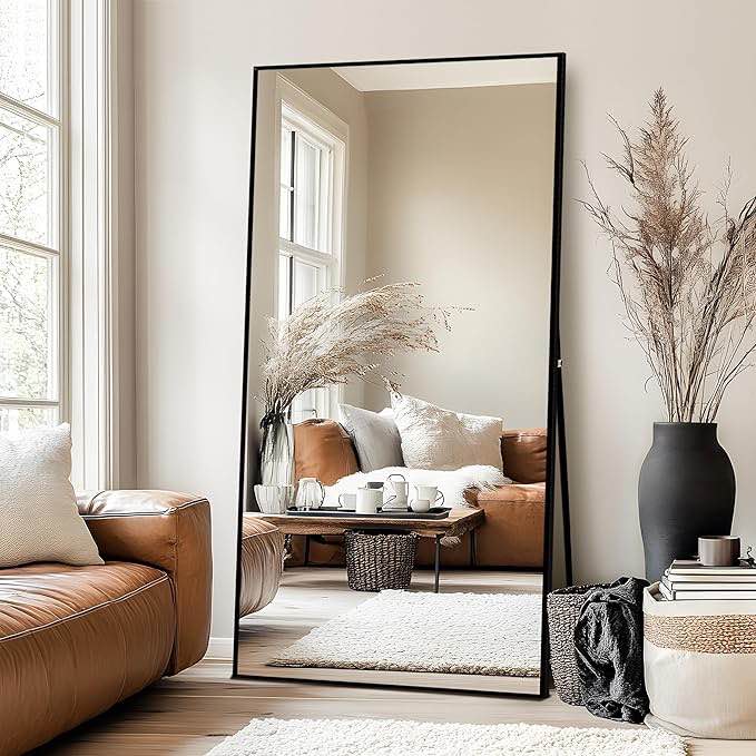 the best seller & large mirror 76*35 black rectangular 76"x35" Full Length Mirror with Stand, Black Mirror Large Full Length Aluminum Alloy Thin Frame Full Body Mirror, Free Standing, Hang or Lean Against Wall