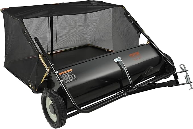 Vevor lawn sweepers VEVOR Tow Lawn Sweeper 44", Pull Behind Lawn Sweeper, 25 cu. ft Large Capacity Leaf & Grass Collector with Adjustable Sweeping Height and Dumping Rope Design for Picking Up Debris and Grass