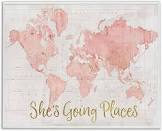 She's Going Places Quote Pink Watercolor World Map by Sue Schlabach - Print