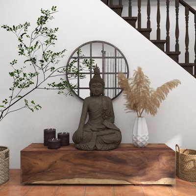 (scratches) Polystone Meditating Buddha Decorative Sculpture with Engraved Carvings and Relief Detailing