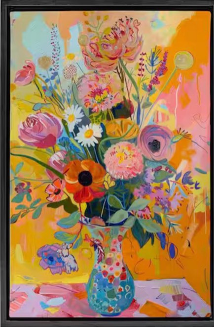 Bright Hued Mod Bouquet by LSR Design Studio Black Floater Frame Nature Graphic Art Print 31 in. x 21 in.