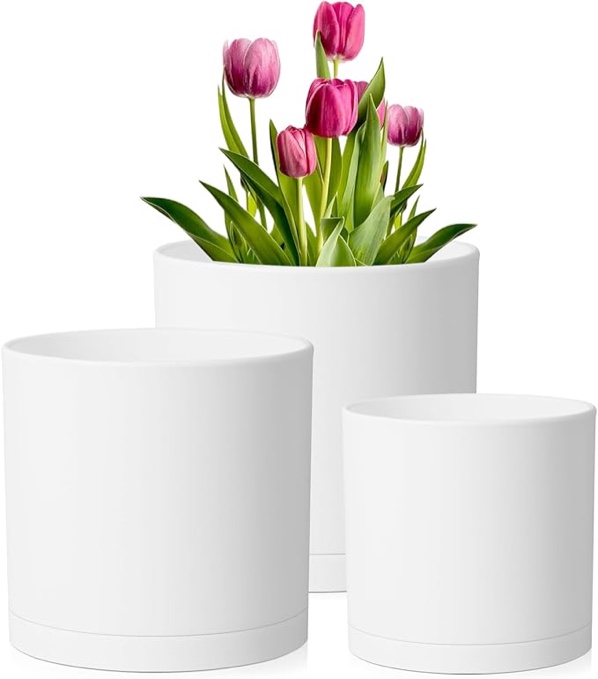 White, Cylinder Plant Pots Set,Set of 3 Big Planters(8/10/12 Inch),Durable Planters for Indoor and Outdoor Flowers and Plants,Large Modern Flower Pots with Drainage Hole