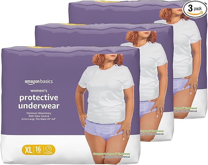 Amazon Basics Incontinence & Postpartum Underwear for Women, Maximum Absorbency, Extra Large, 48 Count, 3 Packs of 16 (Previously Solimo)
