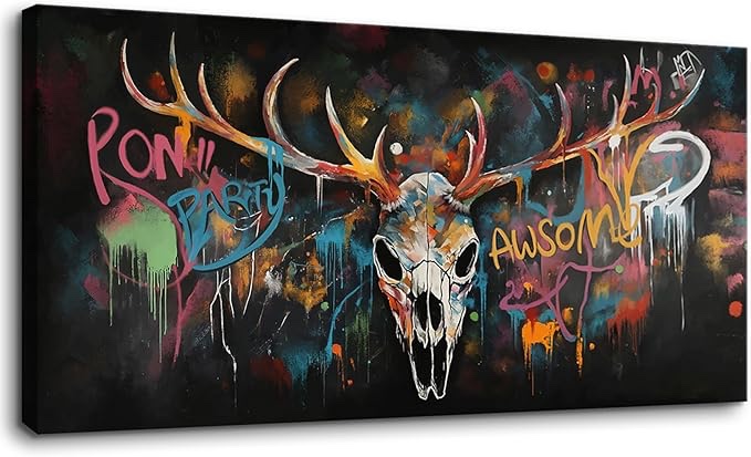 Modern Skull Canvas Wall Art,Urban Street Art Style Antler Skull Print for Man Cave,Colorful Dark Background Artwork for Man Cave, Office, or Bedroom, Framed and Ready to Hang 20 x 40 inches