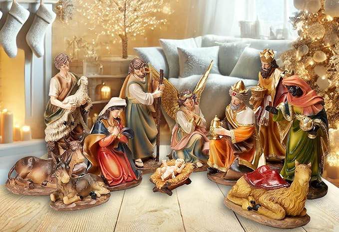 faithful treasure 12" nativity set - 11-piece large christmas scene 1 ft tall nativity figurines set | figures of baby jesus, holy family, wise men, angel, peasant and animals: donkey, cow, camel