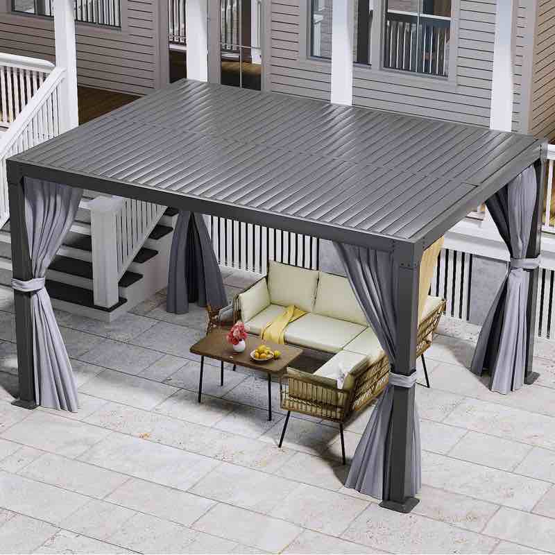 ( only box 1 of 3 ) 13 Ft. W x 10 Ft. D Aluminum Pergola with Privacy Curtain and Mosquito Netting