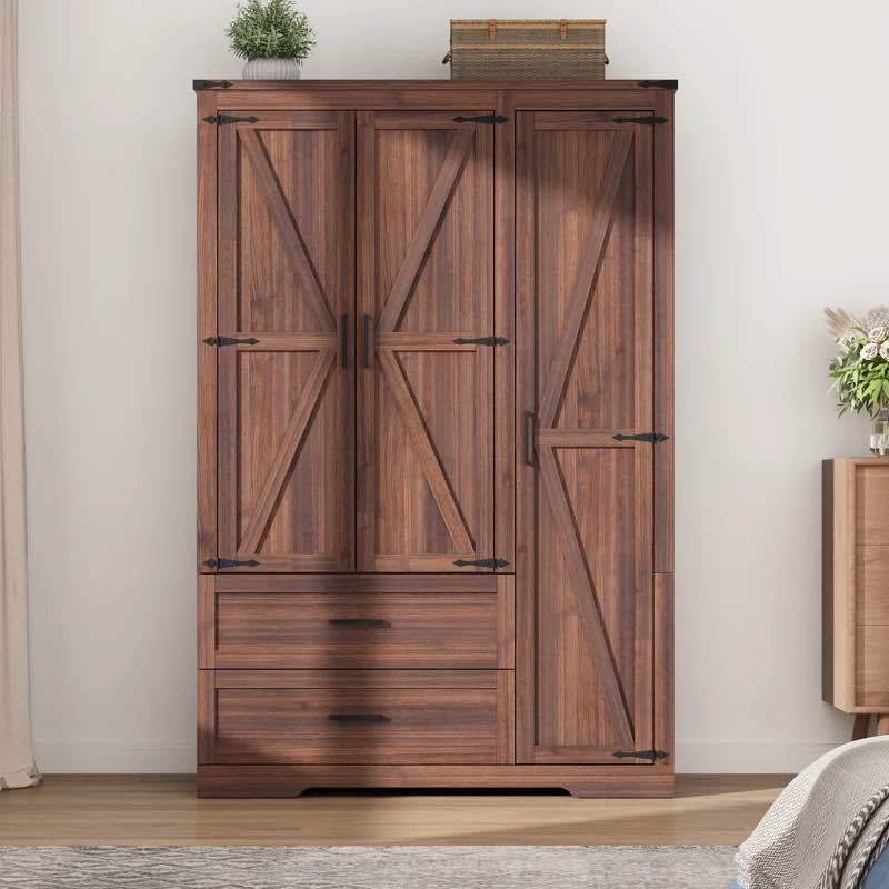 ( only 1 box of 2 ) Farmhouse 3 Door Armoire Wardrobe With 2 Drawers And Hanging Rod rustic brown 