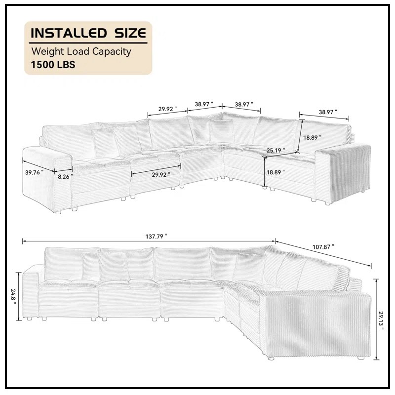 ( incomplete, only 1 piece of the sofa ) 137.8" Corduroy Oversized Modular Sectional yellow corduroy 