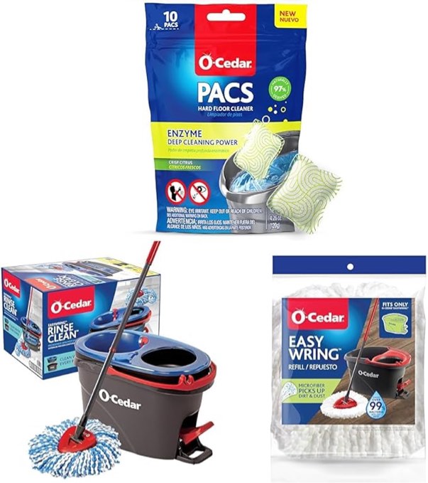 O-Cedar PACS Hard Floor Cleaner, Crisp Citrus Scent 10 Count & EasyWring RinseClean Microfiber Spin Mop & Bucket Floor Cleaning System & EasyWring Spin Mop Microfiber Refill, White Packaging May Vary
