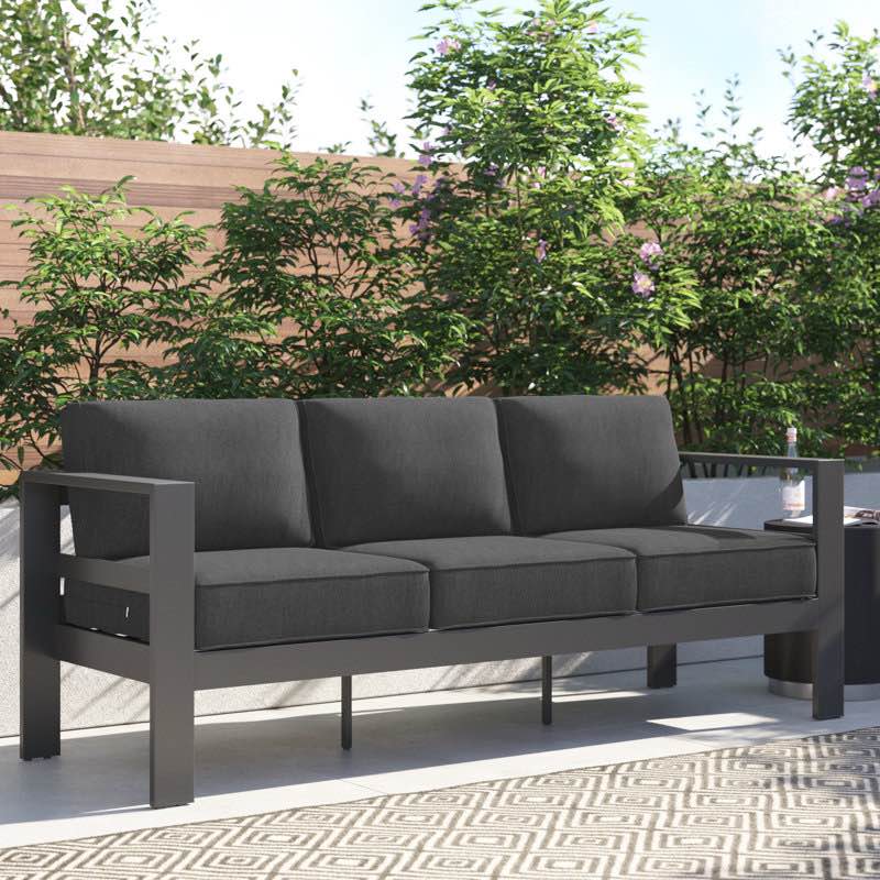 Arnhildur Bolanle 76" Wide Outdoor Patio Sofa with Cushions Cushion Color: Dark Gray, Frame Color: Gray