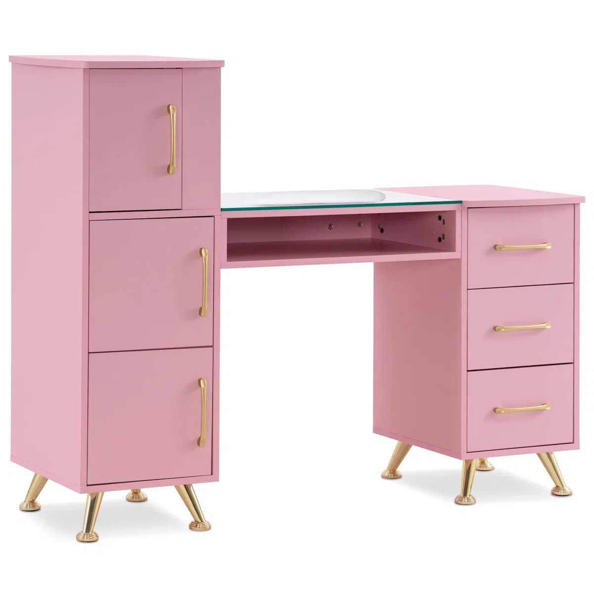 incomplete missing box 1 Classic Manicure Table with Glass Top, Nail Desk with Drawers, Vanity Makeup Desk