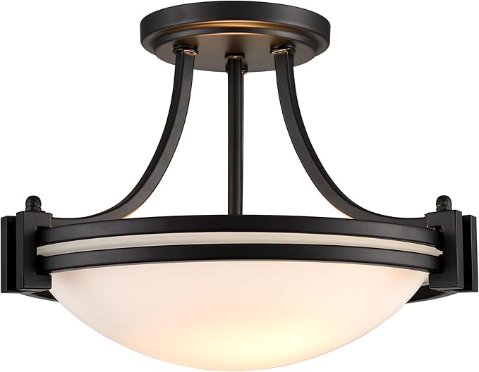 Matte Black Semi Flush Mount Ceiling Light Modern Farmhouse 2-Light Milk Glass Ceiling Light Fixture for Hallway Bedroom Kitchen, 12-Inch