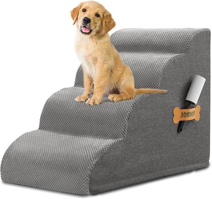 Romrol Dog Stairs Ramp for Beds Couches, Extra Wide Pet Steps with Durable Non-Slip Waterproof Fabric Cover, Dog Slope Stairs for Small Dogs and Cats or Pets Friendly, 4-Tiers