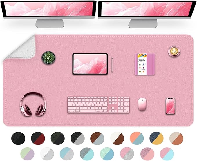 Dual-Sided Desk Mat, Large Desk Pad, Waterproof Smooth PU Leather Desk Blotter Protector Mouse Pad, Desk Organizers, Office/Home Table Decor for Reading and Writing (Pink+Slivery, 47.2''×23.6'')