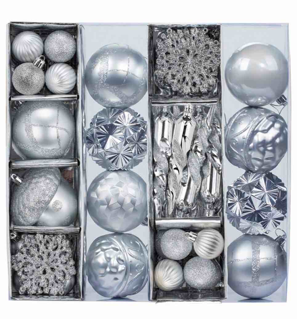 62Pcs Christmas Balls Tree Ornament Set, Assorted 3.15'' 80mm Big Shatterproof Silver 