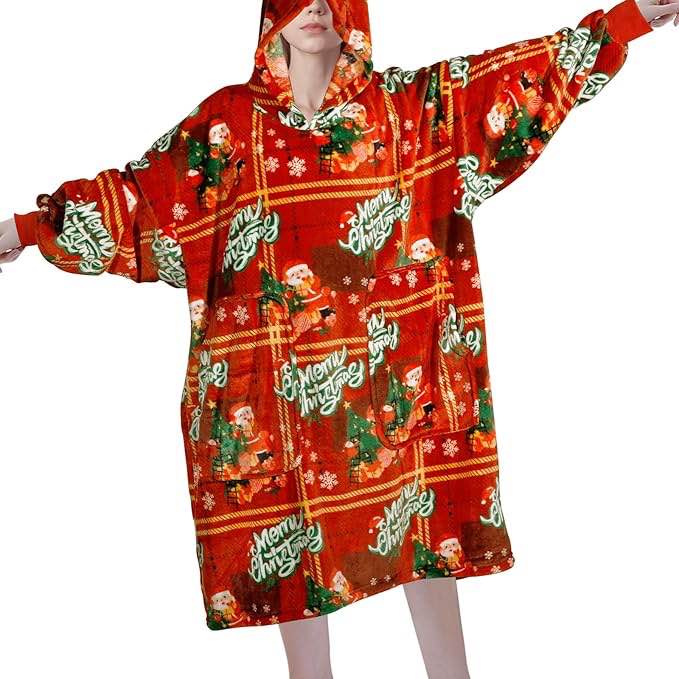 Easy-Going Oversized Flannel Wearable Blanket Hoodie for Adults, One Size Fits All