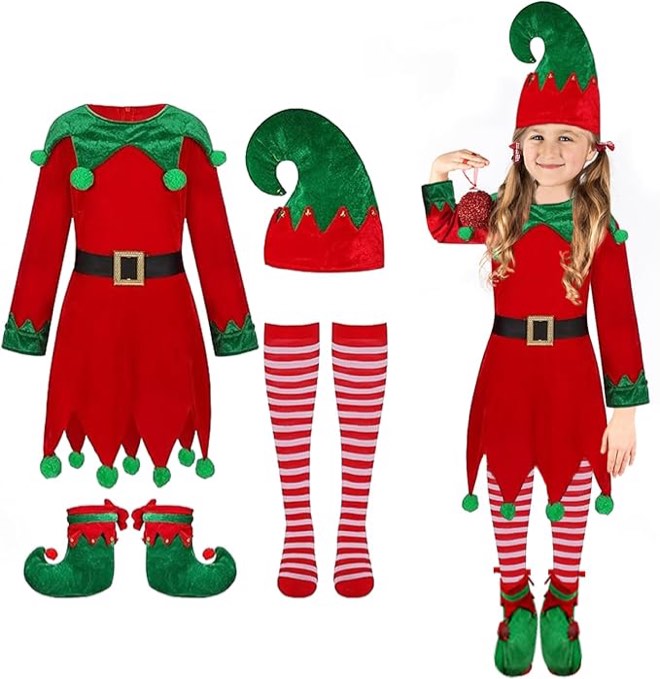Kids Girls Christmas Elf Costume - Santa Helper Costume Xmas Holiday Elf Dress Outfit