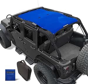 Shadeidea Jeep Wrangler Sun Shade JK Unlimited 4 Door Front and Rear-Blue Mesh Screen Sunshade JKU Top Cover UV Blocker with Grab Bag-One time Install 10 years Warranty
