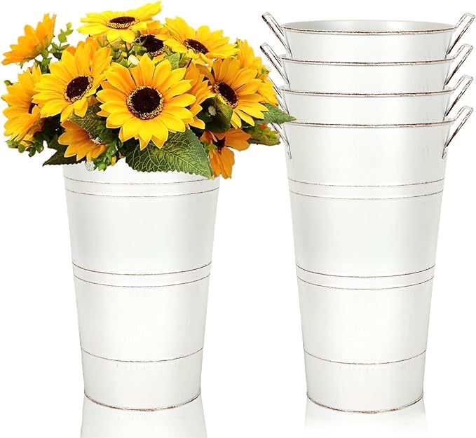 12 Inch Galvanized Metal Vases 4Pcs Farmhouse Flowers Bucket Vase with Handles Rustic Tin Flower Holder for Cut Plants Housewarming Gift for Balcony Garden Courtyard