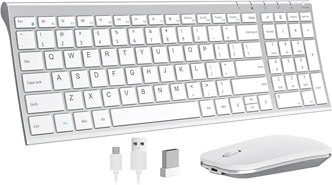 seenda Rechargeable Wireless Keyboard Mouse, Ultra Thin Low Profile Wireless Keyboard and Mouse with Number Pad for WindowsXP/7/8/10/11/11 Pro, Silver White