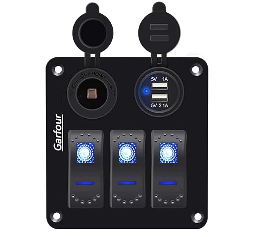 3 Gang Waterproof Boat Switch Panel with 3.1A USB and 12V Cigarette Lighter Socket Marine Switch Panel for Boats, Trucks, RVs