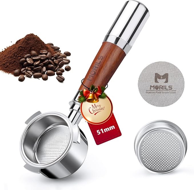 Portafiltro sin fondo de 2.008 in para máquinas Delonghi Dedica EC680 y EC685, portafiltro espresso de 3 orejas con pantalla de disco, cesta de filtro de doble disparo y mango de nogal premium