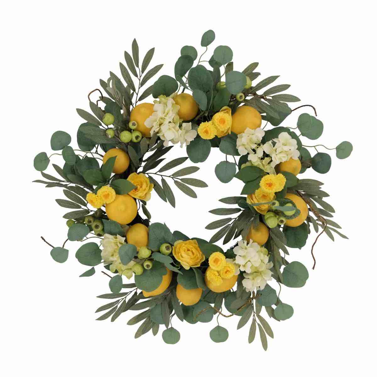 Puleo International 24" Artificial Lemon and Hydrangea Floral Spring Door Wreath