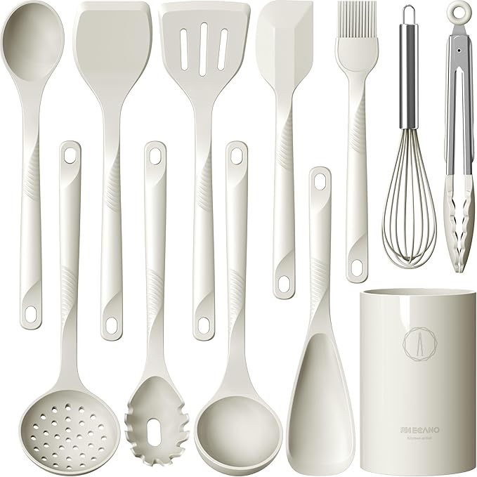 Silicone Cooking Utensils Set - 600°F Heat Resistant, Nonstick Kitchen Utensil Set with Spatulas, Spoons, Whisk, Tongs, BPA Free, Dishwasher Safe, White ***See Pics Missing Few Utensils***