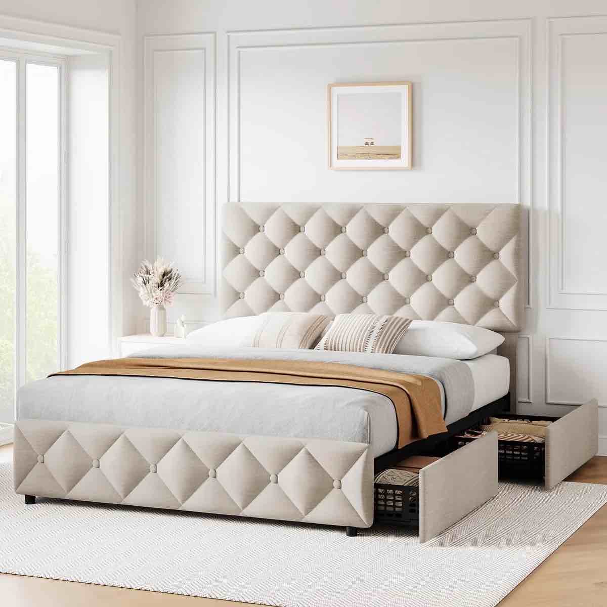 GAOMON Queen Size Bed Frame with 4 Storage Drawers, Linen Upholstered Platform Bed Frame with Adjustable Headboard, Diamond Stitched Button Tufted, No Box Spring Needed, Off White ***Complete 1 Box For Pick Up***