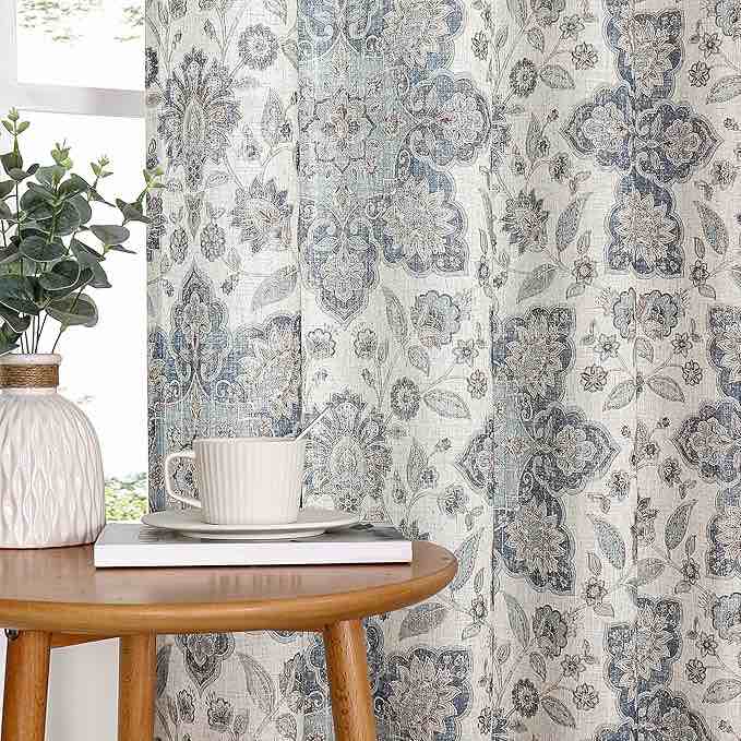 Blue Floral Print Grommet Window Curtain Panel 84 Inches Long Light Filtering Botanical Leaf Drapes for Bedroom and Living Room, Navy/Blue, 54" Wx84 L, 2 Panel