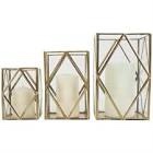 Cosmoliving by Cosmopolitan Set of 3, 6", 8", 10"H Modern Glass Candle Holder/Lantern with Hexagon Silhouette, Metallic Gold Rims and Transparent Glass Panels