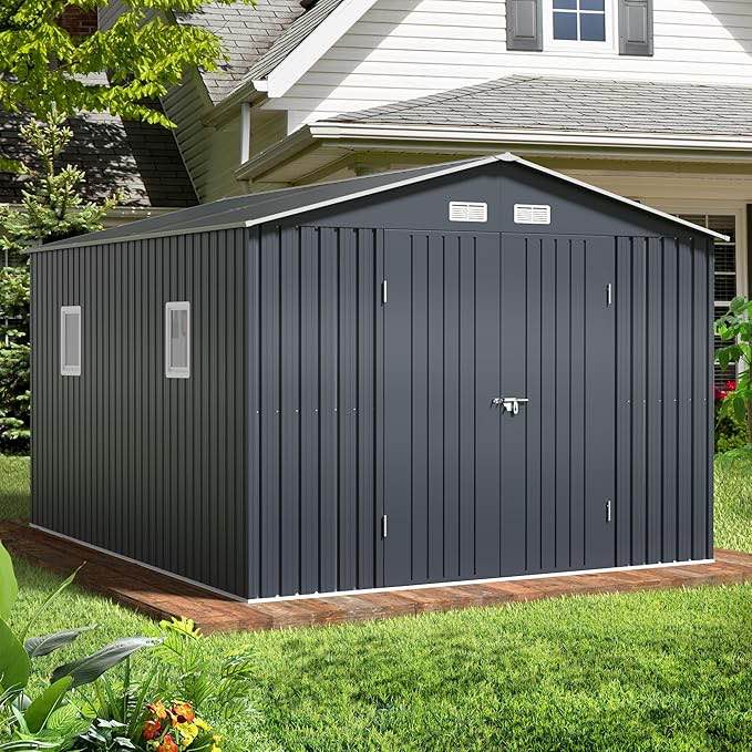 Outdoor Storage Shed 10 x 12 ft. Utility Tool Shed Metal Storage Garden Shed with Lockable Doors & Windows for Patio Storage, Midnight Blue ***Incomplete, Missing 1 Out Of 2 Boxes***