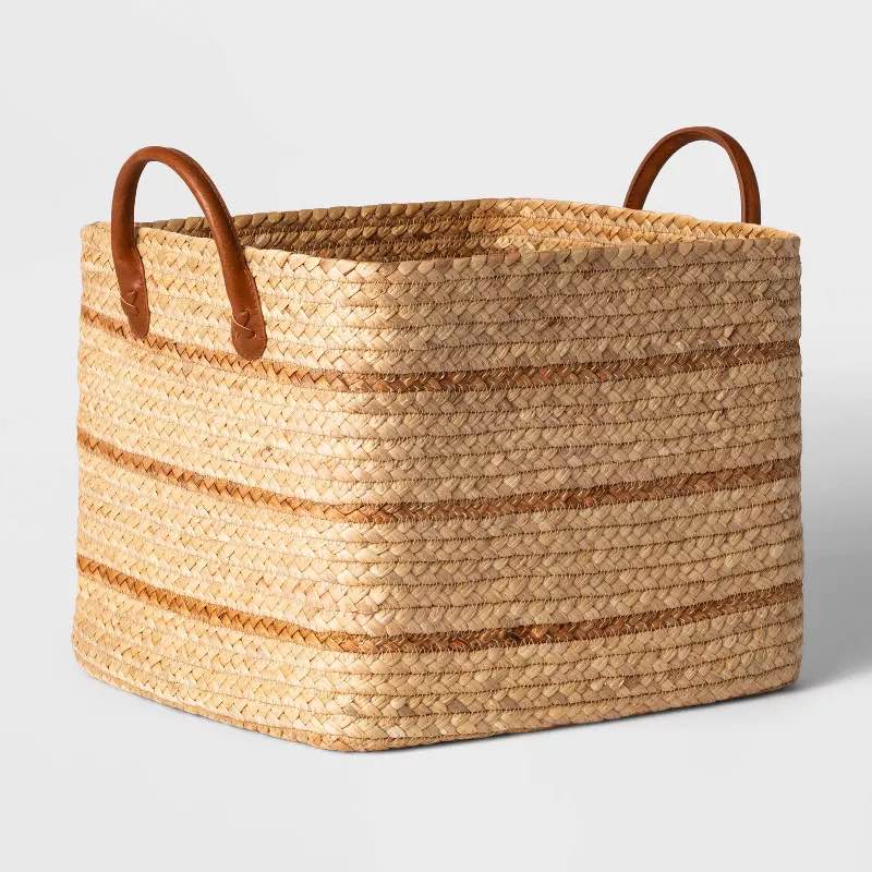 Large Braided Water Hyacinth Basket with Faux Leather Handles - Threshold And Hand Made Woven Multipurpose Basket ***Hand Woven Basket Is Not New***