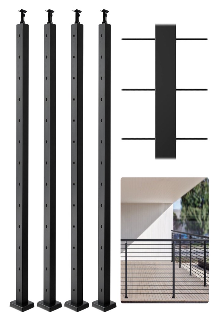 VEVOR 4-Pack Cable Railing Post, 42" x 2" x 2" Steel Horizontal Hole Deck Railing Post, 12 Pre-Drilled Holes, SUS304 Stainless Steel Cable Rail Post with Horizontal and Curved Bracket, Black