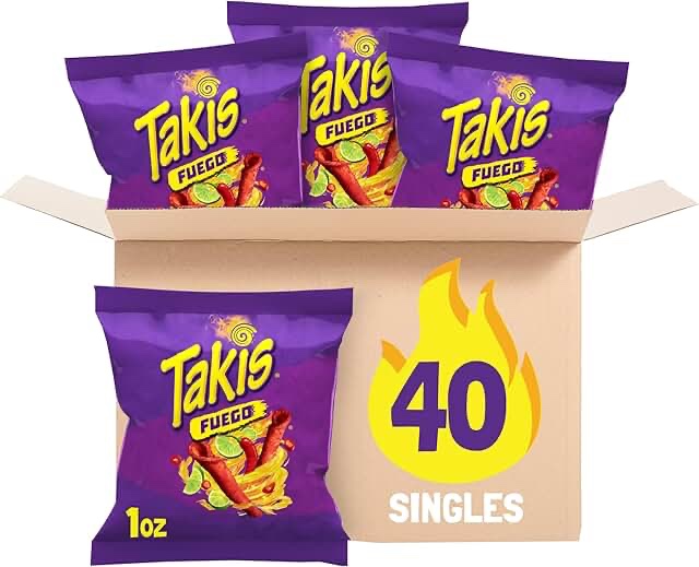 (best by Jul 14 25) Takis Fuego Rolled Spicy Tortilla Chips, Hot Chili Pepper Lime Flavored Hot Chips, Multipack 40 Individual Bags, 1 Ounce Each