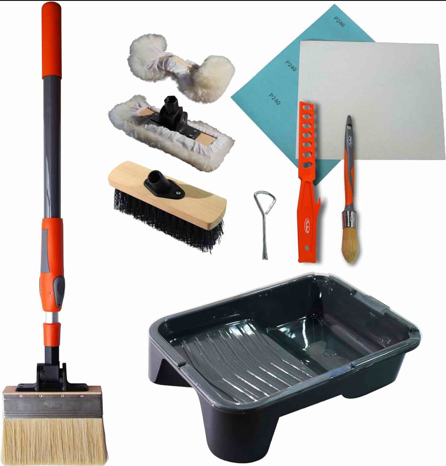 13pcs Deck Stain Brush Kit - 7" Adjustable Deck Stain Brush, 9" Lambskin Applicator with Refill Pads, 9" Scrub Brush, 10" Paint Tray, 2-3ft Extension Pole for Staining Wood, Masonry, Floors