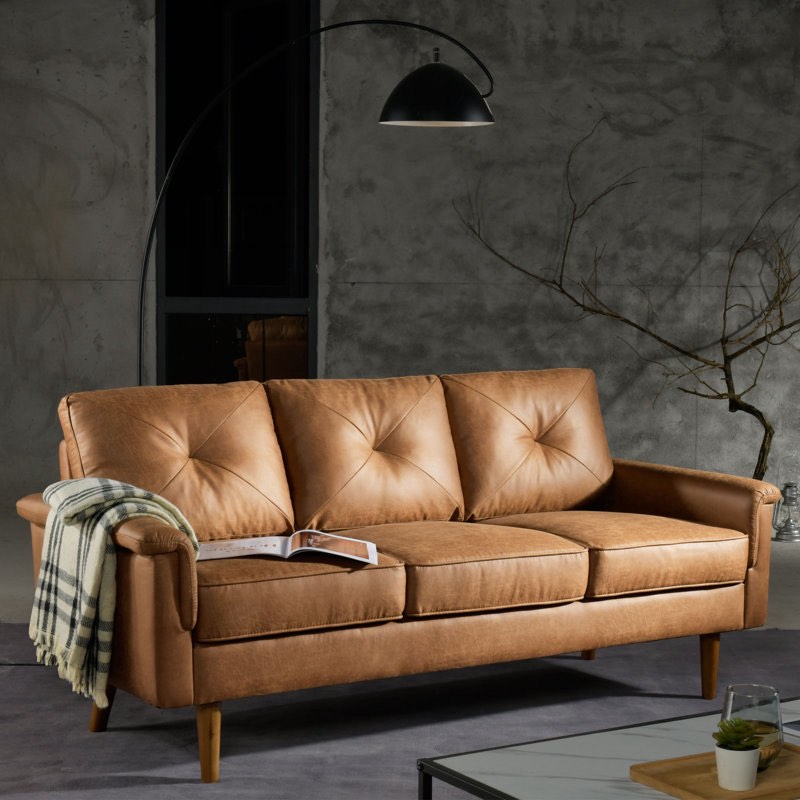 Brevick 71.65'' Upholstered Sofa Mid Century Flared Arm Sofa, Modern Faux Leather Deep Seat Small Couch for Living Room Bedroom Office, Brown Suede Fabric