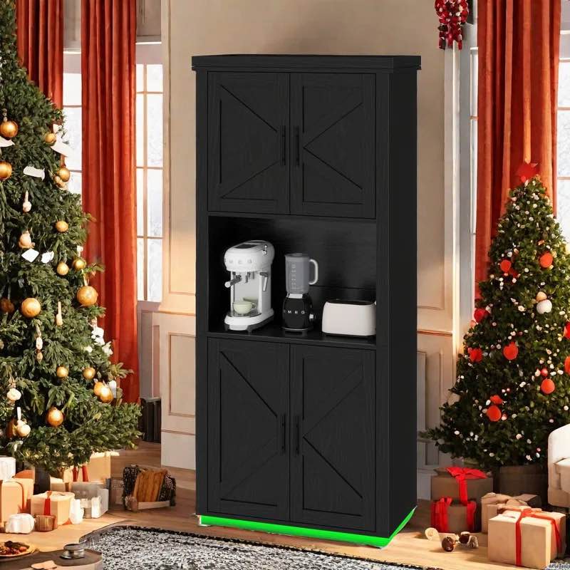 71''H Farmhouse Kitchen Pantry Cabinet With LED Lights & Power Outlets