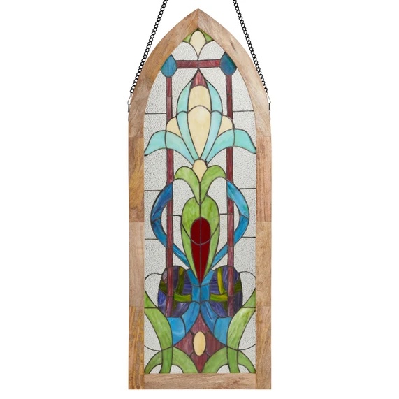 48"H Blue Art Nouveau Cathedral-Inspired Stained Glass Window Panel