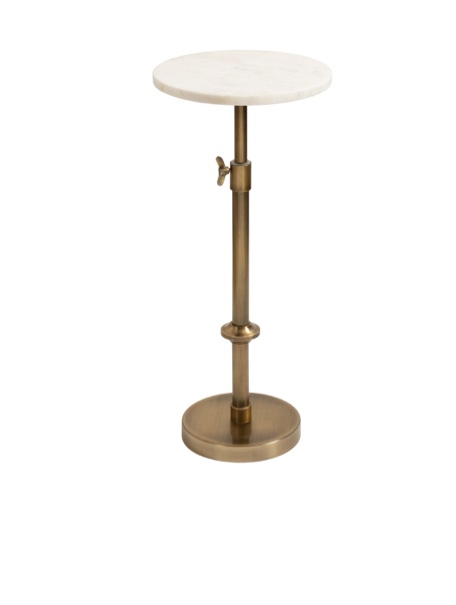 Traditional Adjustable-Height Pedestal Drink Table, 10 X 12 X 30,  Faux Marble And Antique Brass, Vintage Oval Indoor Metal Plant Stand With Authentic Marble Tabletop   