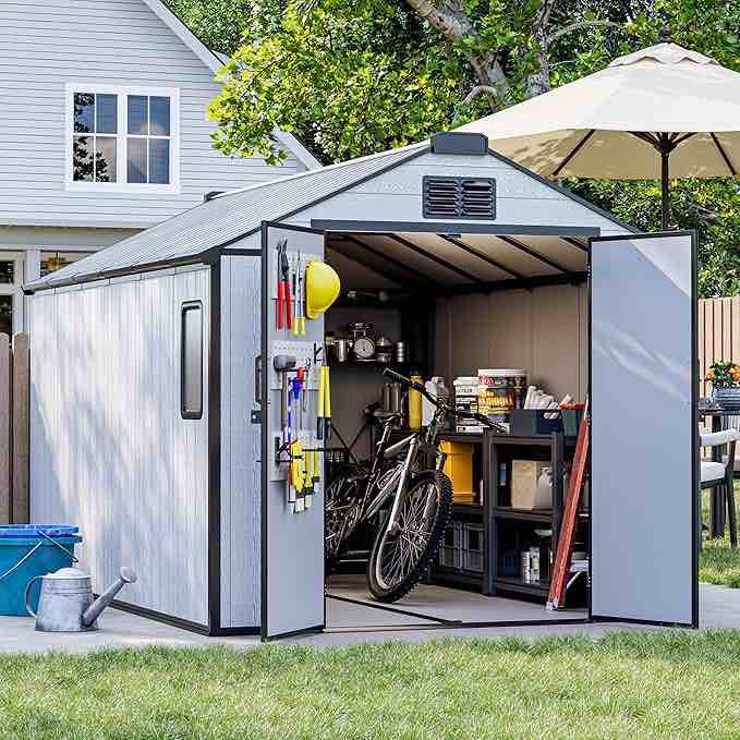 8 Ft. W X 12 Ft. D   Resin Outdoor Storage Shed With Floor For Garden Patio Furniture And Tools  (2 Boxes Ready To Pick Up)