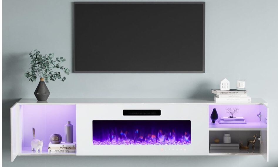 AMERLIFE High Gloss Living Room Entertainment Center with LED Lights, Including Floating Fireplace TV Stand with 40" Electric Fireplace & 2 Bookcases with Glass Doors, All White (Incomplete Box 1/2 )