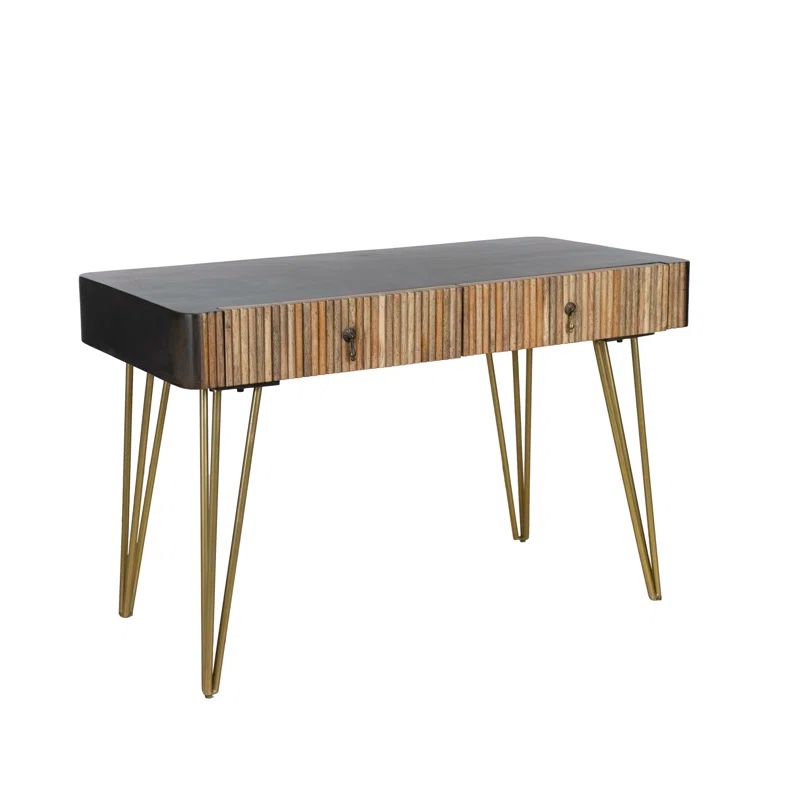 Contemporary Mango Wood Home Office Desk with Golden Metal Legs and Storage Drawers
